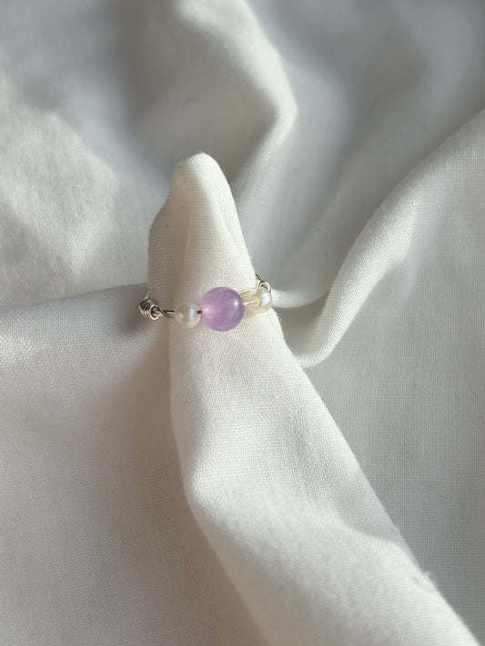 Purple and pearl beaded ring