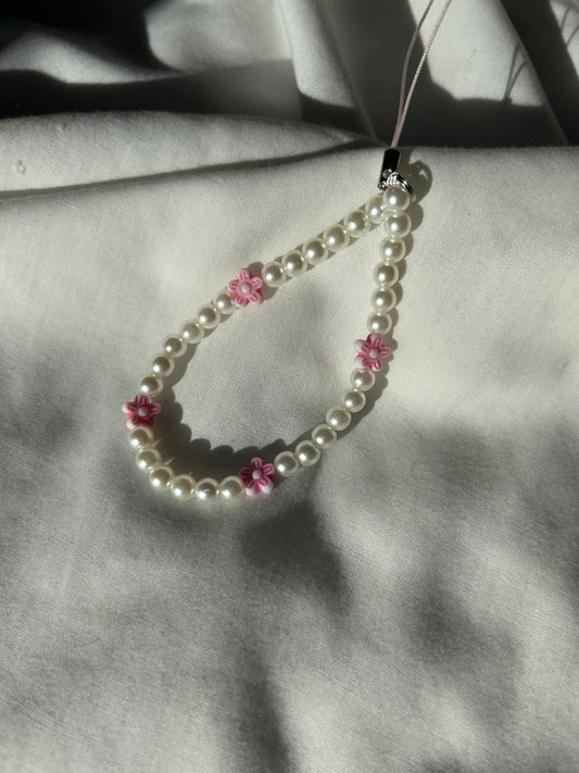 Pearl and pink flower phone charm